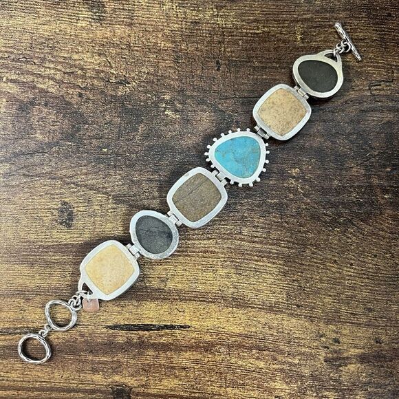 SILPADA 925 Sterling Silver Pyrite Turquoise Bronzite Jasper Toggle Bracelet - Picture 5 of 6